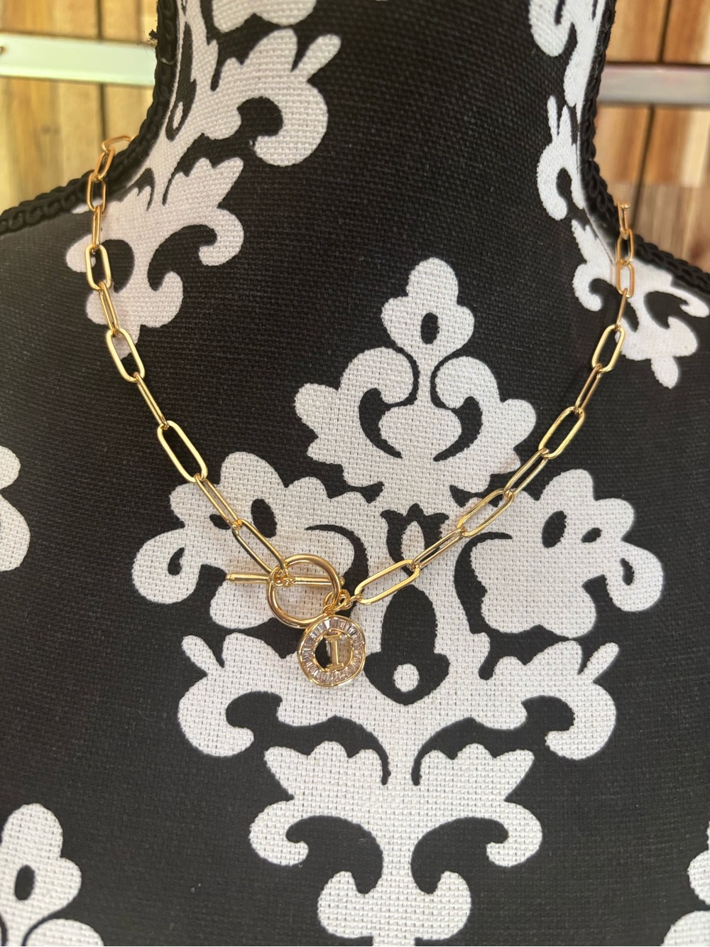 NWT Luxval Initial “I” Gold Tone Necklace with Faux Square Cut Diamond.